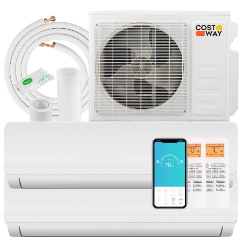 Costway 27K BTU(24000 BTU ASHRAE) 2 Zone 12K BTU 19 SEER2 Mini Split Air Conditioner/Heating System Work with Alexa