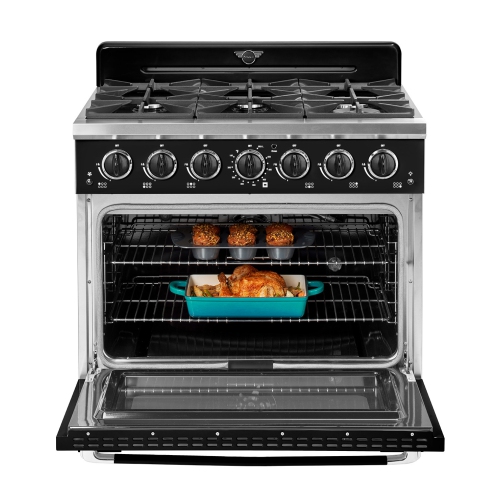 Classic Retro d'unique électroménagers de 36 po et 5,2 pi3. avec Cuisinière au gaz rétro à 6 brûleurs avec four à convection, noir minuit