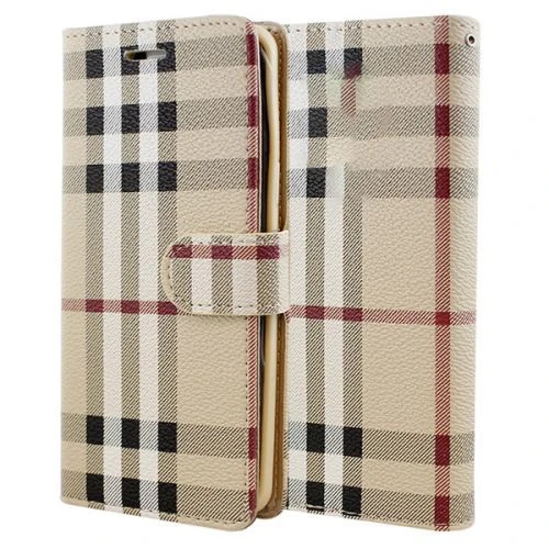 [CS] Étui portefeuille folio en cuir avec fente pour carte magnétique pour iPhone 16, motif écossais beige