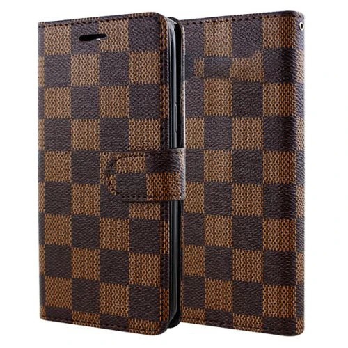 [CS] Étui portefeuille folio en cuir à fente pour cartes magnétiques pour iPhone 16, motif de damier brun