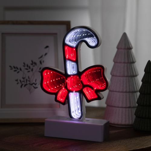 NORTHLIGHT  Led 3D Candy Cane With Bow Christmas Infinity Mirror - 8"