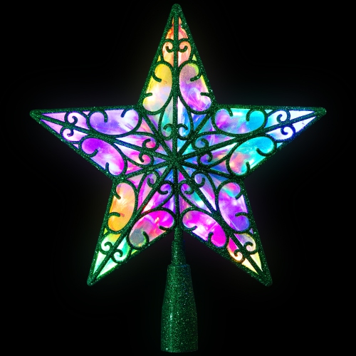 LED Lighted Glittered Star Christmas Tree Topper - 11" - Green - Multicolor Lights