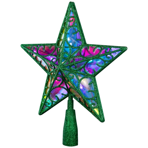 LED Lighted Glittered Star Christmas Tree Topper - 11" - Green - Multicolor Lights