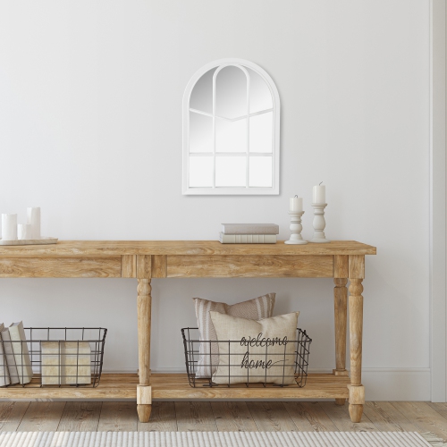 20" White Arched Windowpane Framed Wall Mirror