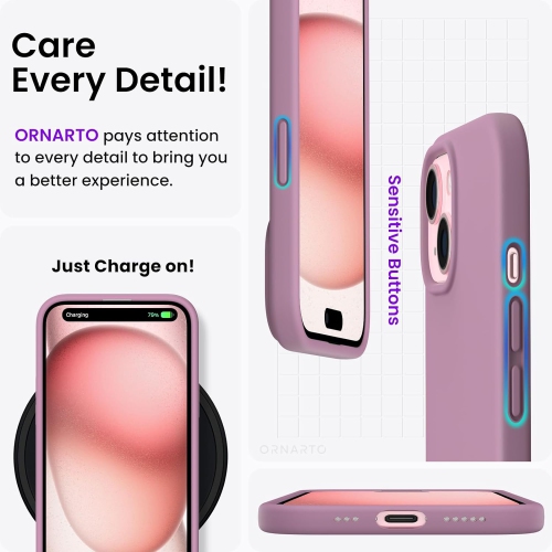 ORNARTO Compatible with iPhone 15 Case, Slim Liquid Silicone 3 Layers Full Covered Soft Gel Rubber Phone Case Protective Cover with Microfiber Lining