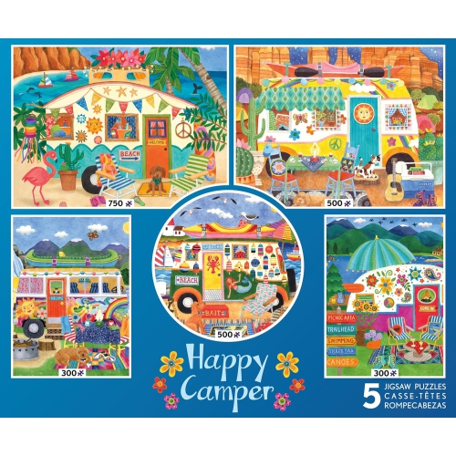 CEACO  - 5 In 1 Multipack - Happy Camper - (2) 300 Piece, (2) 500 Piece, (1) 750 Piece Jigsaw Puzzles