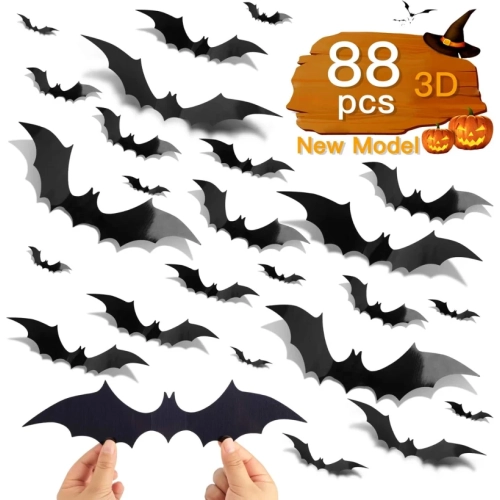 88 pièces 3D Bats décoration d'Halloween | 4 tailles autocollants chauve-souris en PVC pour décoration murale, fête et Halloween | comprend 140