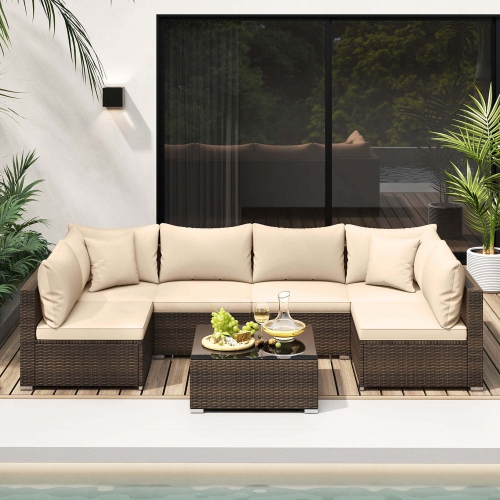 Costway 7 PCS Patio Rattan Furniture Set Sectional Sofa Cushioned Garden