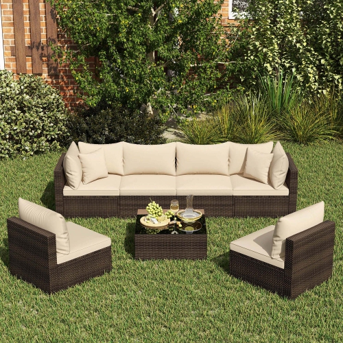 Costway 7 PCS Patio Rattan Furniture Set Sectional Sofa Cushioned Garden