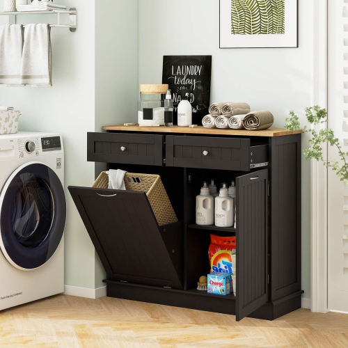 Costway Wooden Kitchen Trash Cabinet Tilt Out Bin Holder w/ Drawer & Storage Shelf