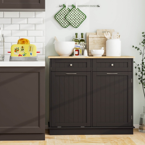 Costway Wooden Kitchen Trash Cabinet Tilt Out Bin Holder w/ Drawer & Storage Shelf