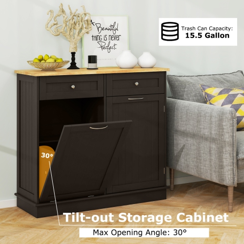 Costway Wooden Kitchen Trash Cabinet Tilt Out Bin Holder w/ Drawer & Storage Shelf