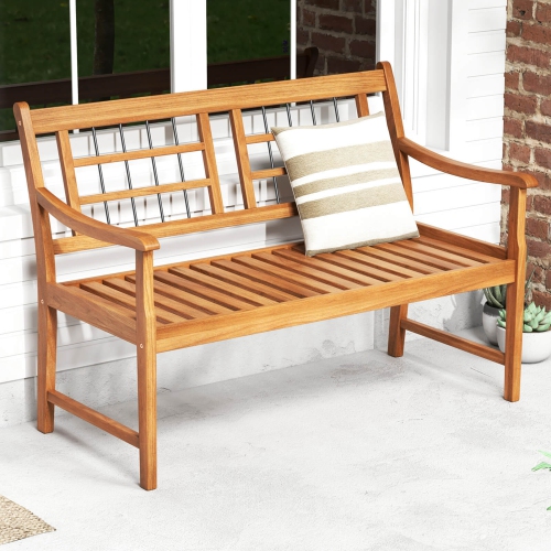 Costway Outdoor Acacia Wood Bench 2-Person Patio Bench with Slatted Seat & Backrest