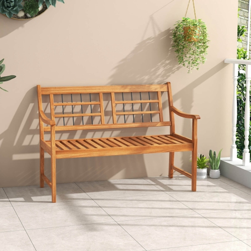 Costway Outdoor Acacia Wood Bench 2-Person Patio Bench with Slatted Seat & Backrest