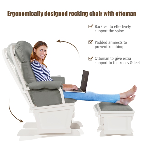 Costway Baby Glider and Ottoman Cushion Set, Wood Baby Rocker Nursery Furniture, Upholstered Comfort Nursery Chair w/Padded Armrests & Detachable