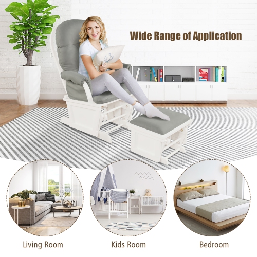 Costway Baby Glider and Ottoman Cushion Set, Wood Baby Rocker Nursery Furniture, Upholstered Comfort Nursery Chair w/Padded Armrests & Detachable