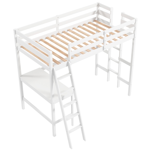 Costway Twin Size Loft Bed with Desk, Solid Wood Loft Bed with 2 Ladders & Full Length Guardrail, Modern Space-Saving Twin Bed Frame for Kids Teens