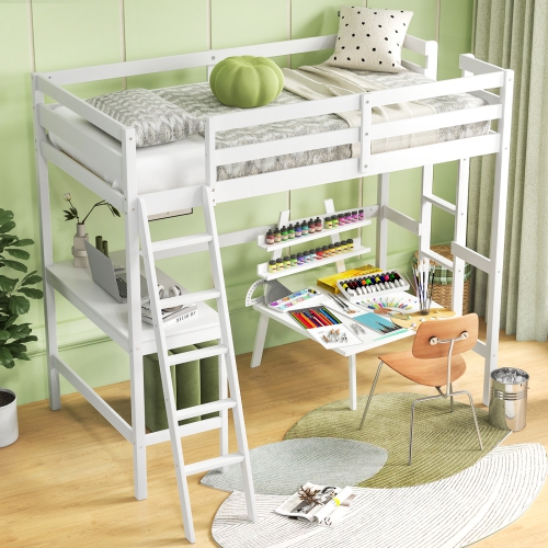 Costway Twin Size Loft Bed with Desk, Solid Wood Loft Bed with 2 Ladders & Full Length Guardrail, Modern Space-Saving Twin Bed Frame for Kids Teens