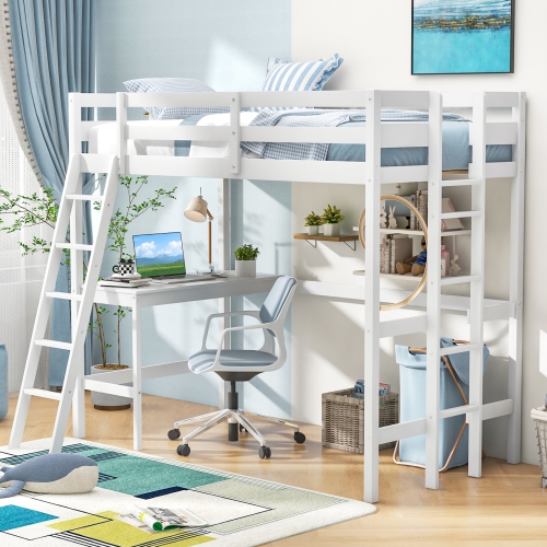 Costway Twin Size Loft Bed with Desk, Solid Wood Loft Bed with 2 Ladders & Full Length Guardrail, Modern Space-Saving Twin Bed Frame for Kids Teens