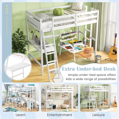Costway Twin Size Loft Bed with Desk, Solid Wood Loft Bed with 2 Ladders & Full Length Guardrail, Modern Space-Saving Twin Bed Frame for Kids Teens