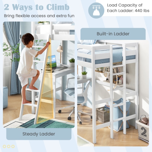 Costway Twin Size Loft Bed with Desk, Solid Wood Loft Bed with 2 Ladders & Full Length Guardrail, Modern Space-Saving Twin Bed Frame for Kids Teens