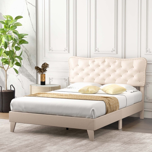 Costway Full Size Bed Frame Beige, Linen Fabric Upholstered Platform Bed Frame with Nail Headboard, Button-Tufted Mattress Foundation with Wooden Sla