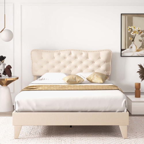 Costway Full Size Bed Frame Beige, Linen Fabric Upholstered Platform Bed Frame with Nail Headboard, Button-Tufted Mattress Foundation with Wooden