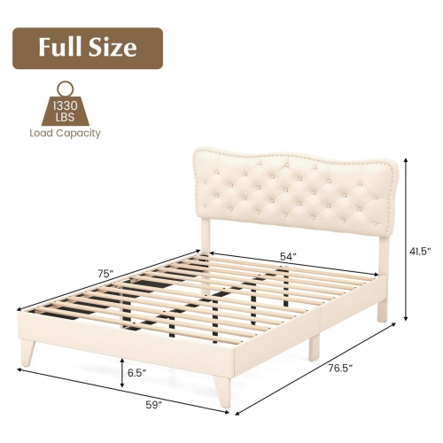 Costway Full Size Bed Frame Beige, Linen Fabric Upholstered Platform Bed Frame with Nail Headboard, Button-Tufted Mattress Foundation with Wooden