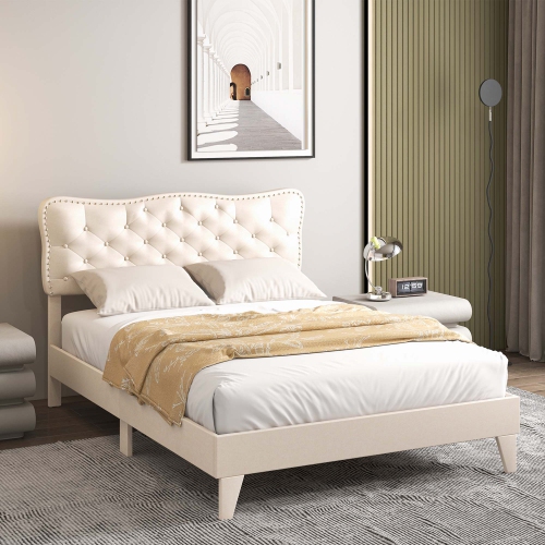 Costway Full Size Bed Frame Beige, Linen Fabric Upholstered Platform Bed Frame with Nail Headboard, Button-Tufted Mattress Foundation with Wooden
