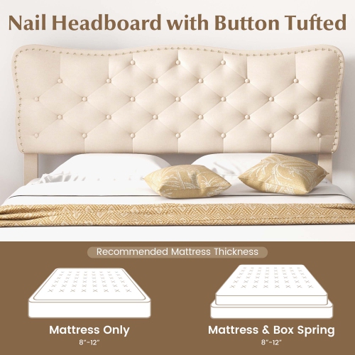 Costway Full Size Bed Frame Beige, Linen Fabric Upholstered Platform Bed Frame with Nail Headboard, Button-Tufted Mattress Foundation with Wooden