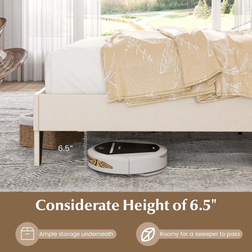 Costway Full Size Bed Frame Beige, Linen Fabric Upholstered Platform Bed Frame with Nail Headboard, Button-Tufted Mattress Foundation with Wooden