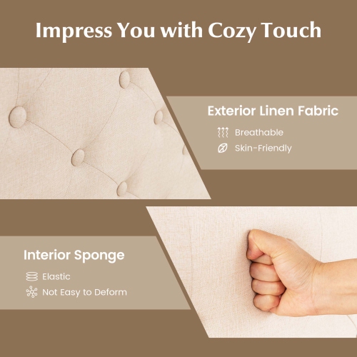 Costway Full Size Bed Frame Beige, Linen Fabric Upholstered Platform Bed Frame with Nail Headboard, Button-Tufted Mattress Foundation with Wooden