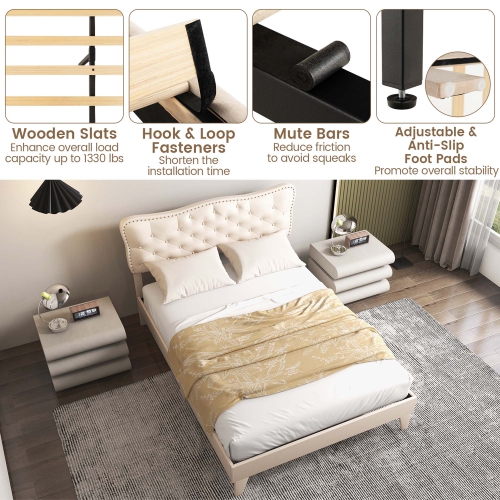 Costway Full Size Bed Frame Beige, Linen Fabric Upholstered Platform Bed Frame with Nail Headboard, Button-Tufted Mattress Foundation with Wooden