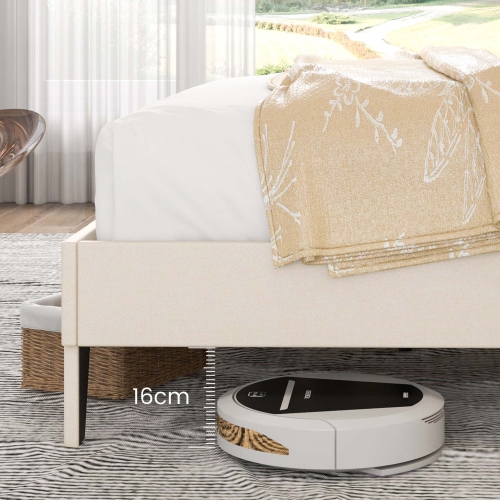 Costway Full Size Bed Frame Beige, Linen Fabric Upholstered Platform Bed Frame with Nail Headboard, Button-Tufted Mattress Foundation with Wooden