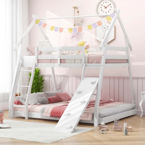 Costway Twin Over Queen Bunk Bed House Shaped Bed Frame with Climbing Nets and Ramp
