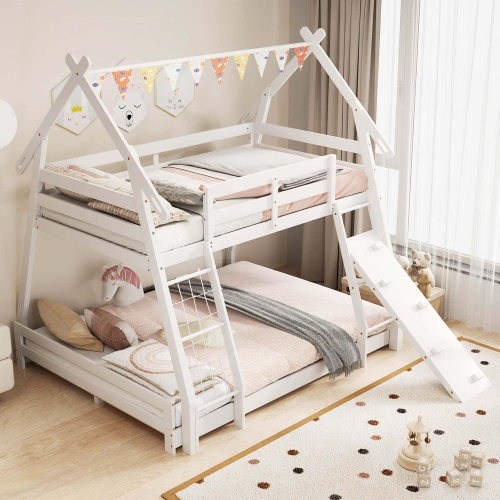 Costway Twin Over Queen Bunk Bed House Shaped Bed Frame with Climbing Nets and Ramp