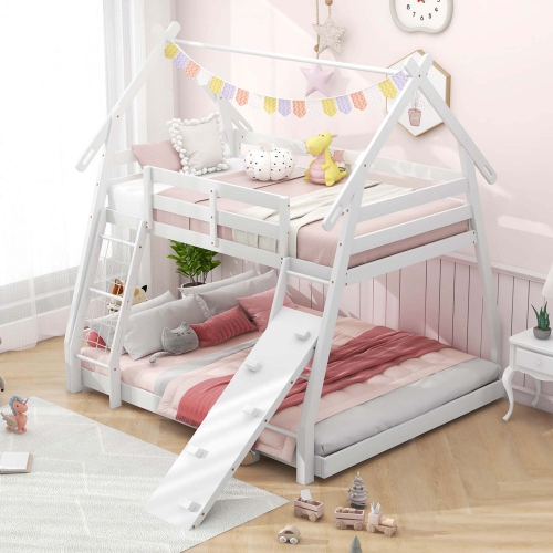 Costway Twin Over Queen Bunk Bed House Shaped Bed Frame with Climbing Nets and Ramp