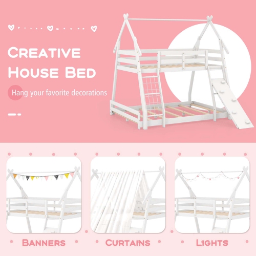 Costway Twin Over Queen Bunk Bed House Shaped Bed Frame with Climbing Nets and Ramp