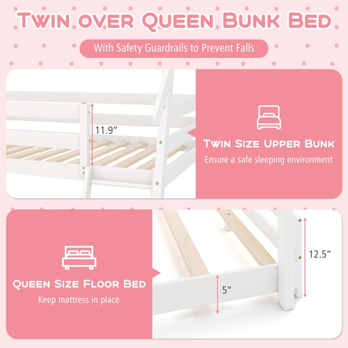 Costway Twin Over Queen Bunk Bed House Shaped Bed Frame with Climbing Nets and Ramp