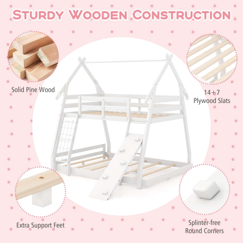 Costway Twin Over Queen Bunk Bed House Shaped Bed Frame with Climbing Nets and Ramp