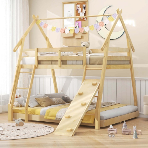 Costway Twin Over Queen Bunk Bed House Shaped Bed Frame with Climbing Nets and Ramp