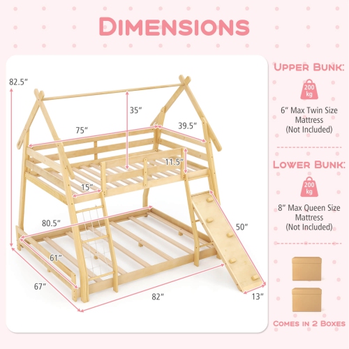 Costway Twin Over Queen Bunk Bed House Shaped Bed Frame with Climbing Nets and Ramp