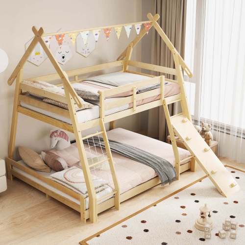 Costway Twin Over Queen Bunk Bed House Shaped Bed Frame with Climbing Nets and Ramp