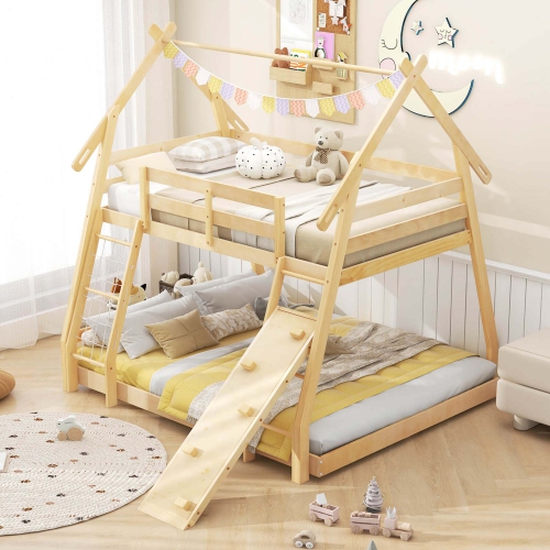Costway Twin Over Queen Bunk Bed House Shaped Bed Frame with Climbing Nets and Ramp