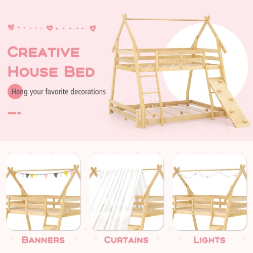 Costway Twin Over Queen Bunk Bed House Shaped Bed Frame with Climbing Nets and Ramp