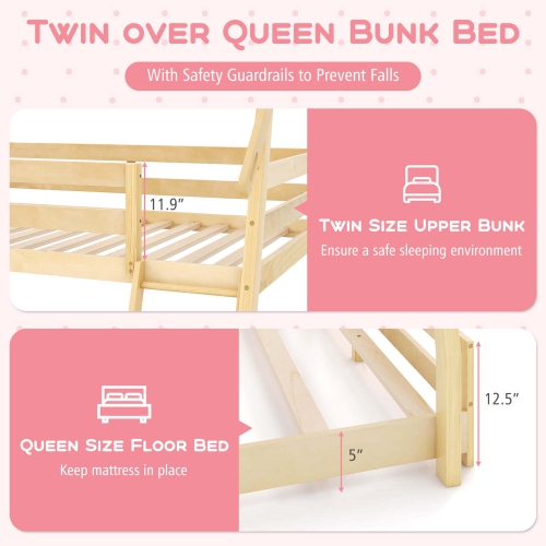 Costway Twin Over Queen Bunk Bed House Shaped Bed Frame with Climbing Nets and Ramp