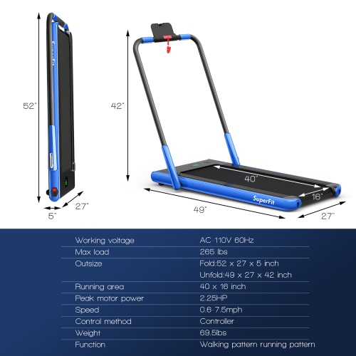 SuperFit 2 in 1 Folding Treadmill, 2.25HP Under Desk Electric Superfit Treadmill, Installation-Free with APP Control, Remote Control, Bluetooth