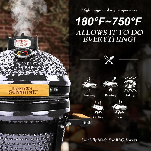 London Sunshine Ceramic BBQ Charcoal Kamado Grill 13 inch Portable Tabletop BBQ Bright Gray