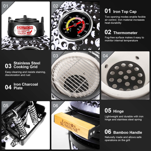 London Sunshine Ceramic BBQ Charcoal Kamado Grill 13 inch Portable Tabletop BBQ Bright Gray