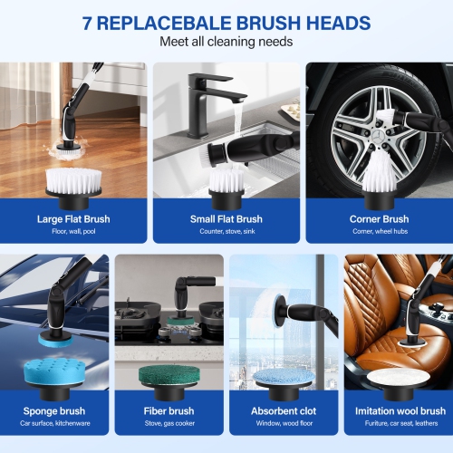 &nbsp;&nbsp;&nbsp;&nbsp;&nbsp;Brosse de nettoyage électrique sans fil avec 7 têtes de brosse de nettoyage réglables pour baignoire, cuisine, salle de